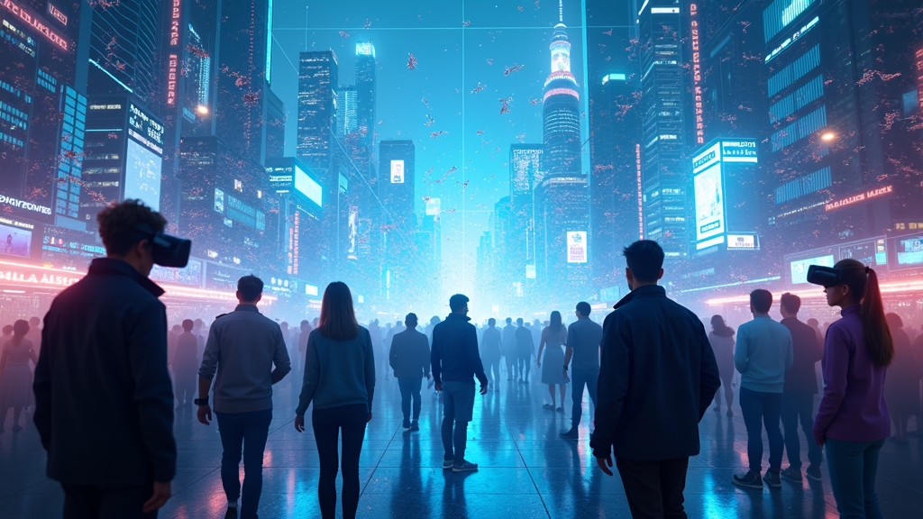 Equipo de trabajo colaborando con avatares en una sala de reuniones virtual, una de las tendencias de realidad virtual y aumentada.