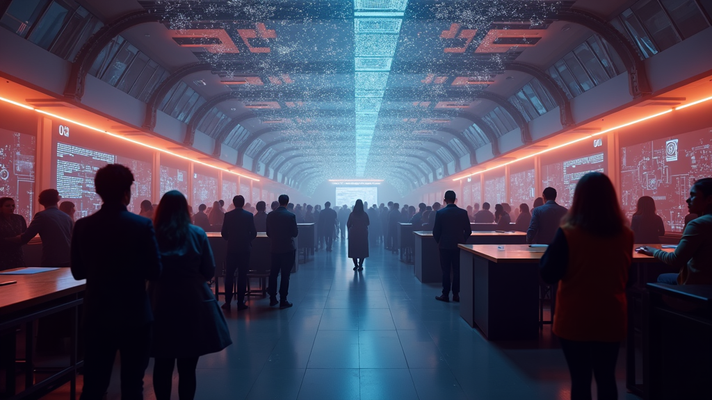 Representación artística de la inteligencia artificial conectada con los conceptos de educación, igualdad y sociedad, en el contexto de las jornadas GenIA.