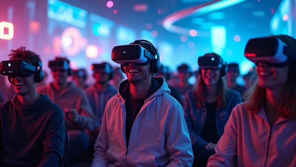 Grupo de amigos disfrutando de una sesión de realidad virtual en Barcelona en el centro Virtua.