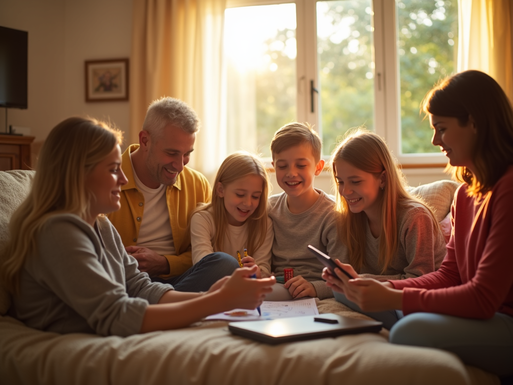 Una familia utilizando portátiles y tablets con la interfaz de Microsoft 365 Familia