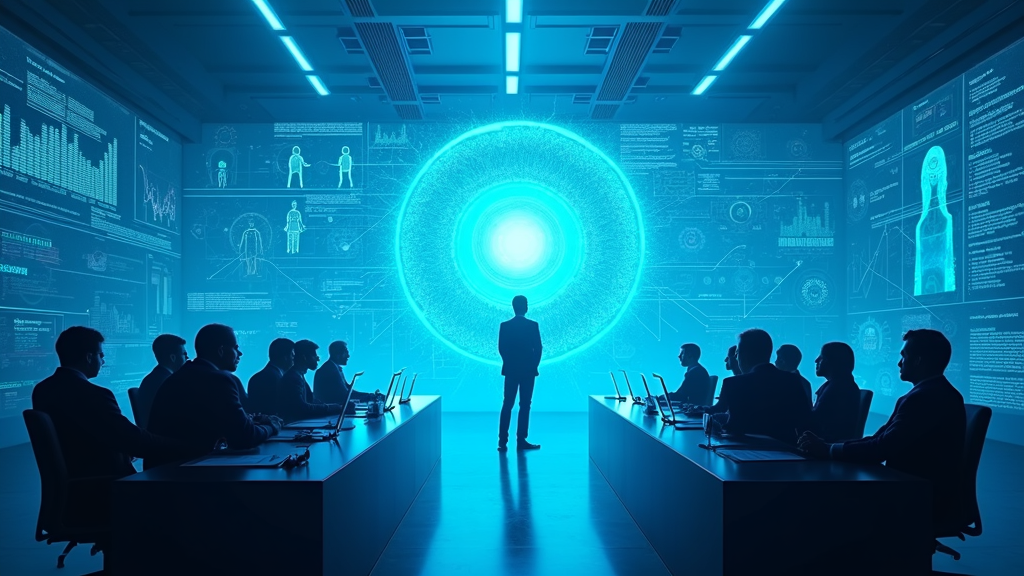 Ilustración de un cerebro robótico conectado a gráficos de datos, simbolizando la IA en decisiones laborales éticas.