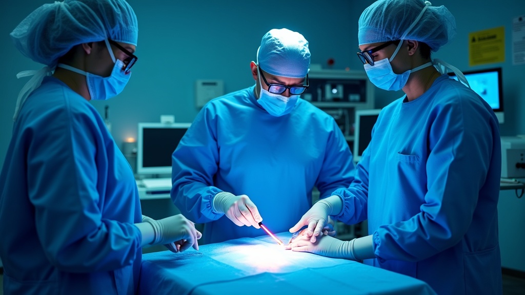 Vista detallada del Robot Da Vinci CHUAC en un quirófano, con sus brazos quirúrgicos de alta precisión preparados para una intervención.