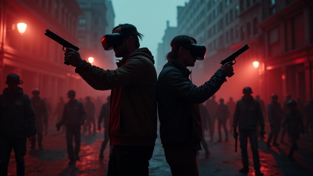 Jugador utilizando el equipamiento avanzado para el juego de zombies en realidad virtual Propagation VR en Virtua Barcelona