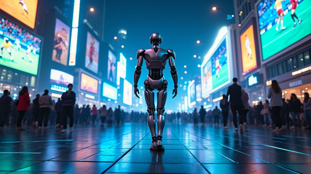 Ilustración que muestra el futuro de Detroit, con un robot humanoide y vehículos autónomos formando parte de la vida cotidiana.