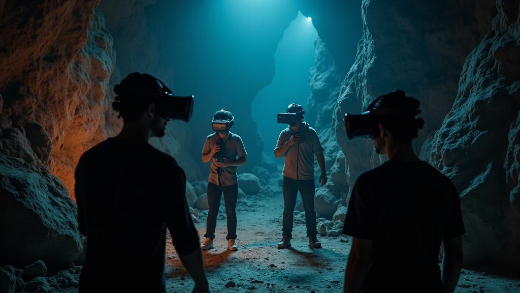 Equipo de jugadores colaborando intensamente en el escape room realidad virtual extremo JUMPERS de Virtua Barcelona.