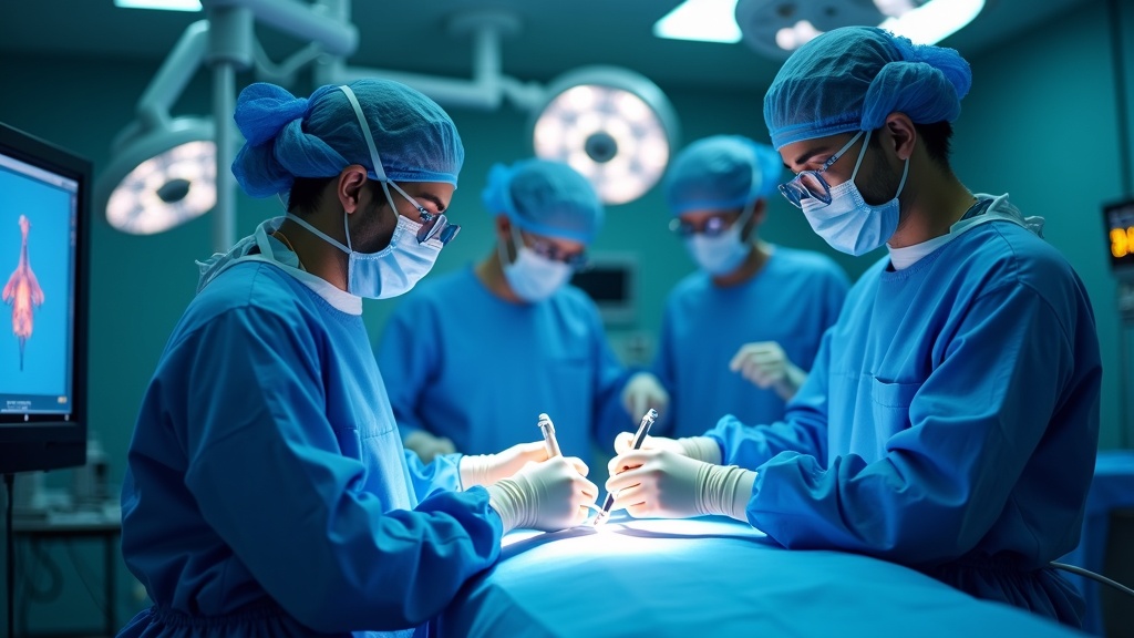 Equipo de cirujanos del CHUAC operando la consola del sistema Robot Da Vinci, demostrando la colaboración humano-máquina.