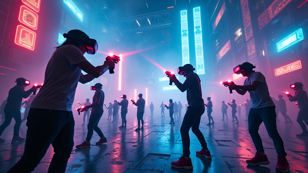 Equipo corporativo colaborando y apuntando en un escenario virtual durante una sesión de Laser Tag VR en Virtua Barcelona.