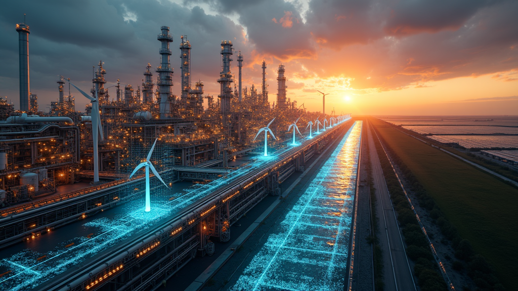 Ilustración de moléculas y engranajes simbolizando la innovación en la química sostenible y la industria.