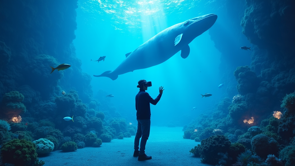 Encuentro con una imponente ballena azul en la experiencia The Blu realidad virtual submarina.