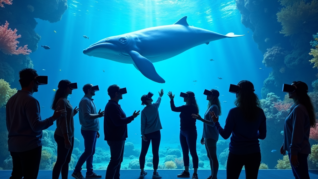 Una participante sonriendo mientras disfruta la experiencia interactiva The Blu en Virtua Barcelona.