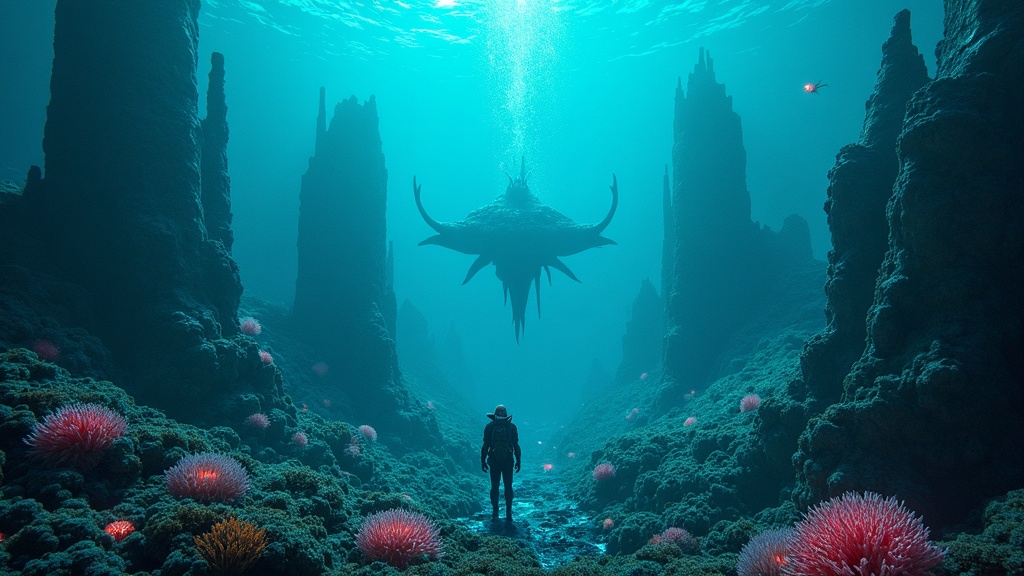 Las profundidades bioluminiscentes del planeta 4546B en Subnautica VR, una atmósfera clave en el análisis.