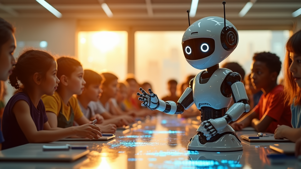 Ilustración conceptual del brazo robótico Reachy Mini de Hugging Face en un entorno de desarrollo, mostrando su diseño accesible.