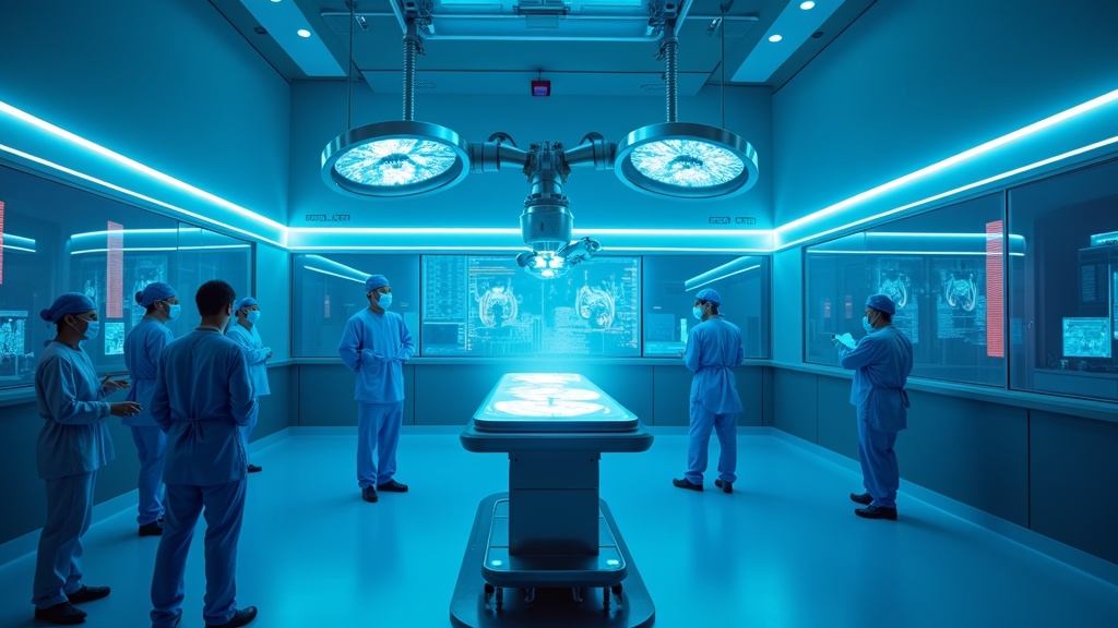 Robot quirúrgico da Vinci de Intuitive Surgical en un quirófano moderno, simbolizando el futuro de la cirugía y la tecnología médica.