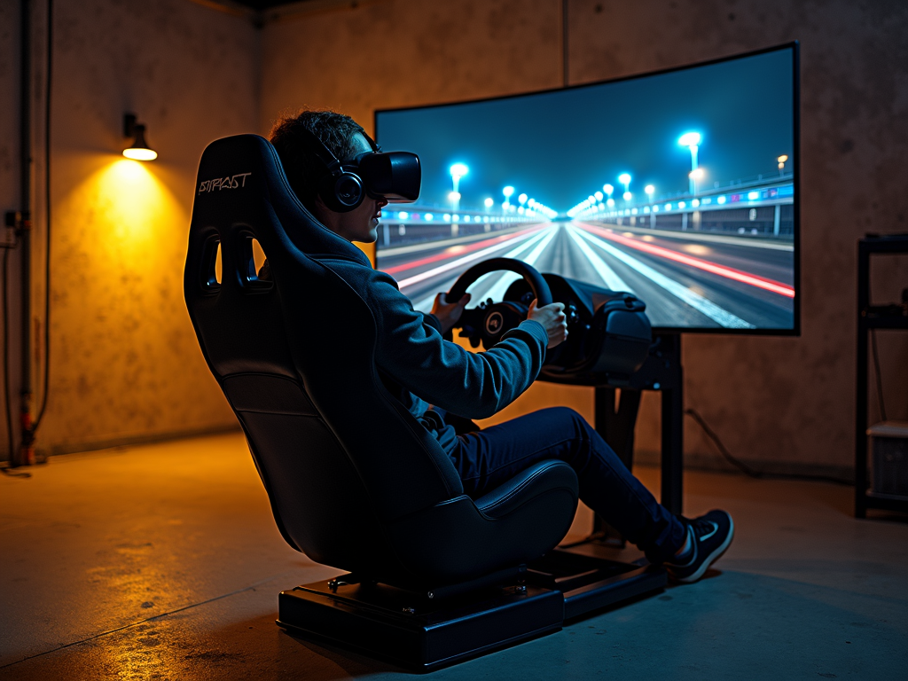 Piloto de simracing usando el cockpit Next Level Racing GTRacer en una configuración completa.