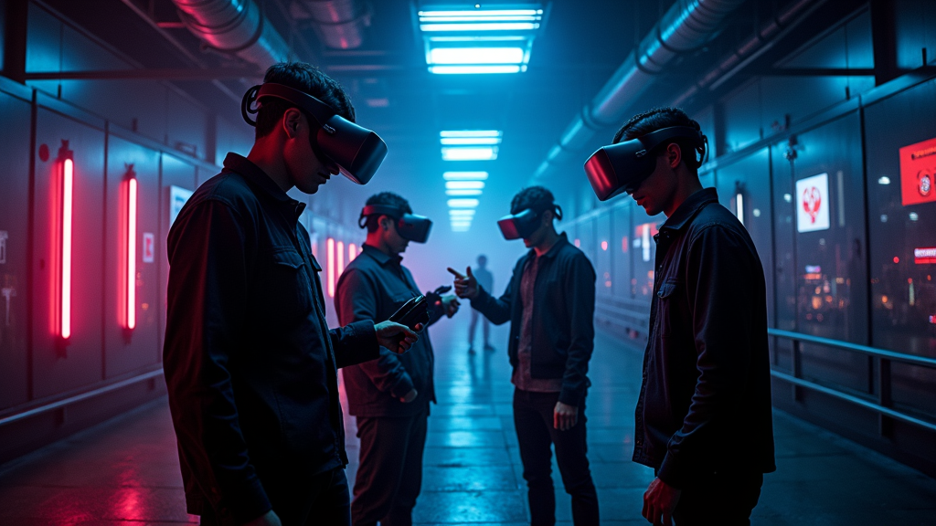 Equipo de jugadores colaborando dentro del Cyberpunk Escape Room Barcelona de Virtua Barcelona