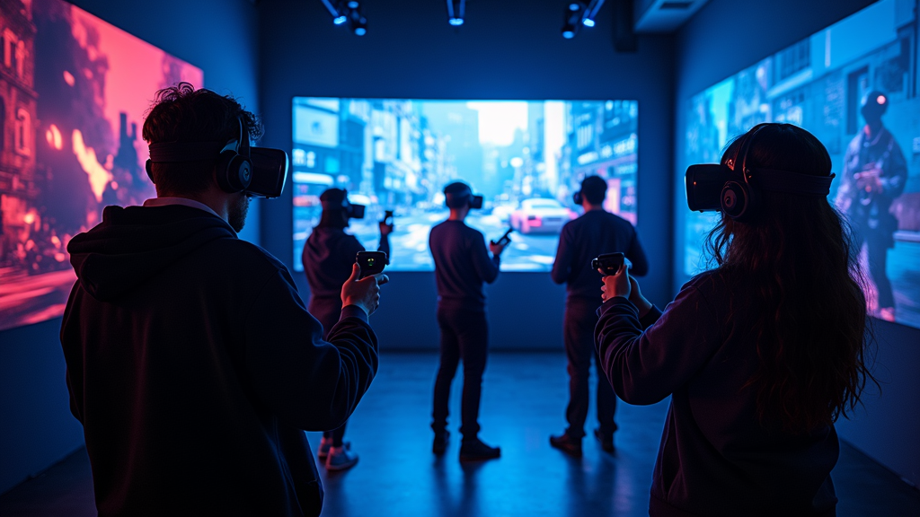 Un equipo de empresa participando en una actividad de team building con realidad virtual multijugador en Barcelona.