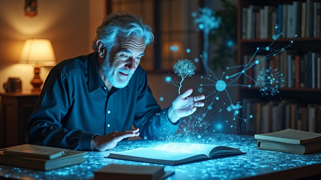 Hombre mayor utilizando una tablet, un claro ejemplo de la conexión entre la IA y aprendizaje en la tercera edad, mostrando determinación.