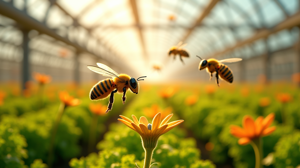 Concepto de una granja vertical interior donde enjambres de abejas robóticas realizan la polinización de cultivos.