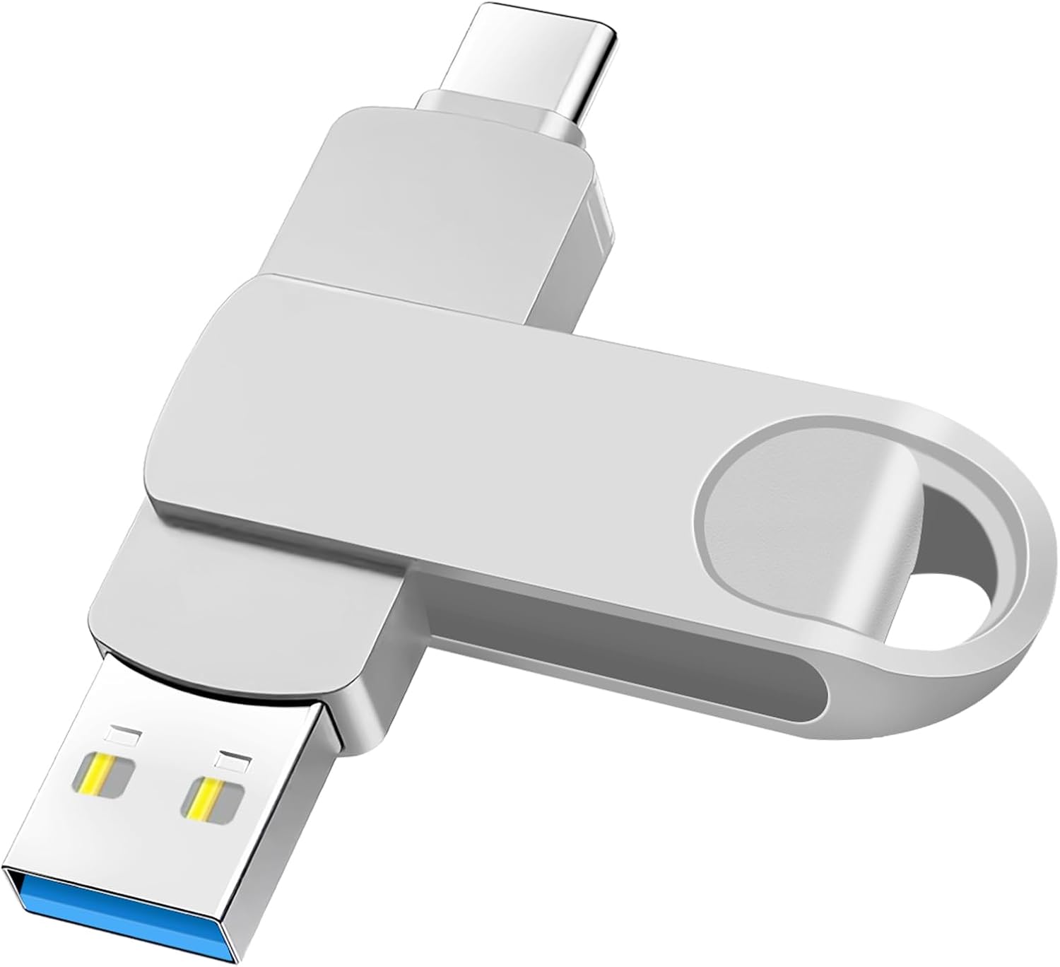 Primer plano de la memoria USB C LZKNZT 512GB, mostrando su diseño metálico y doble conector.