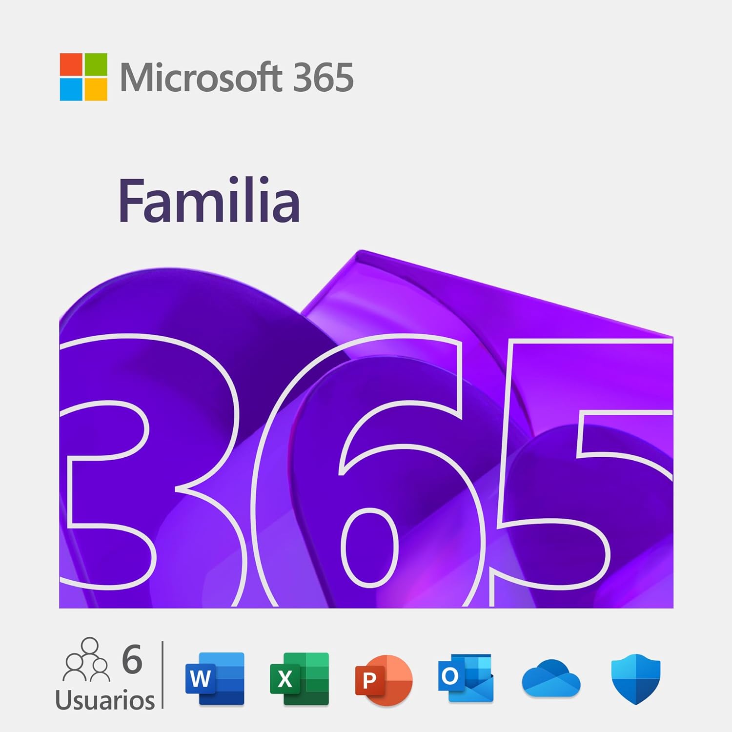 Caja del producto Microsoft 365 Familia junto al logo de Office y OneDrive