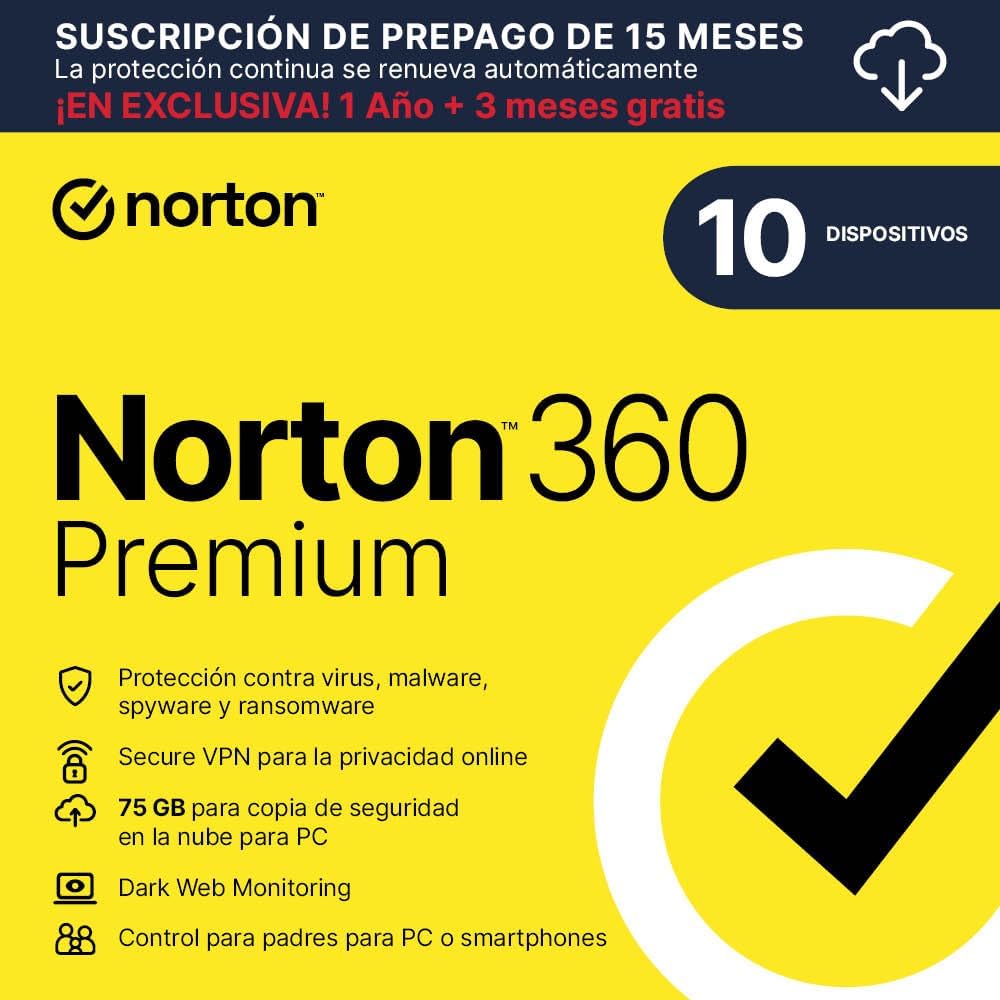 Logo de Norton 360 Premium 2025 con un botón de llamada a la acción