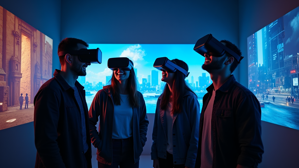 Amigos celebrando tras completar un escape room de realidad virtual en Barcelona.