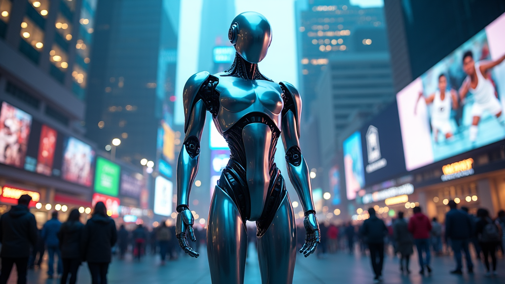 Un robot humanoide de aspecto amigable camina por una acera en Detroit, levantando una mano para saludar a los transeúntes.