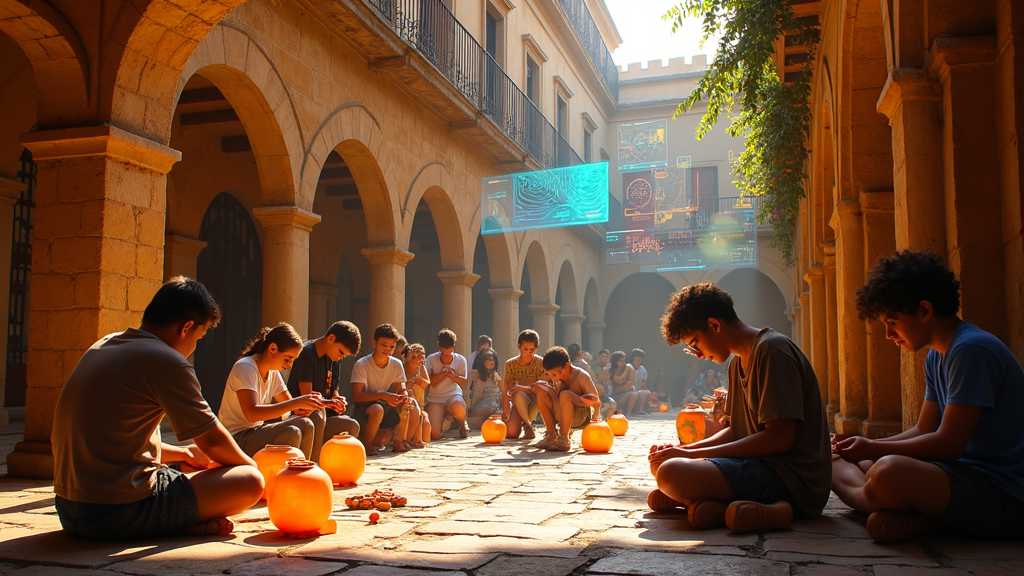 Ilustración conceptual que fusiona la arquitectura histórica de Cáceres con circuitos de alta tecnología, representando la innovación del campamento de robótica.