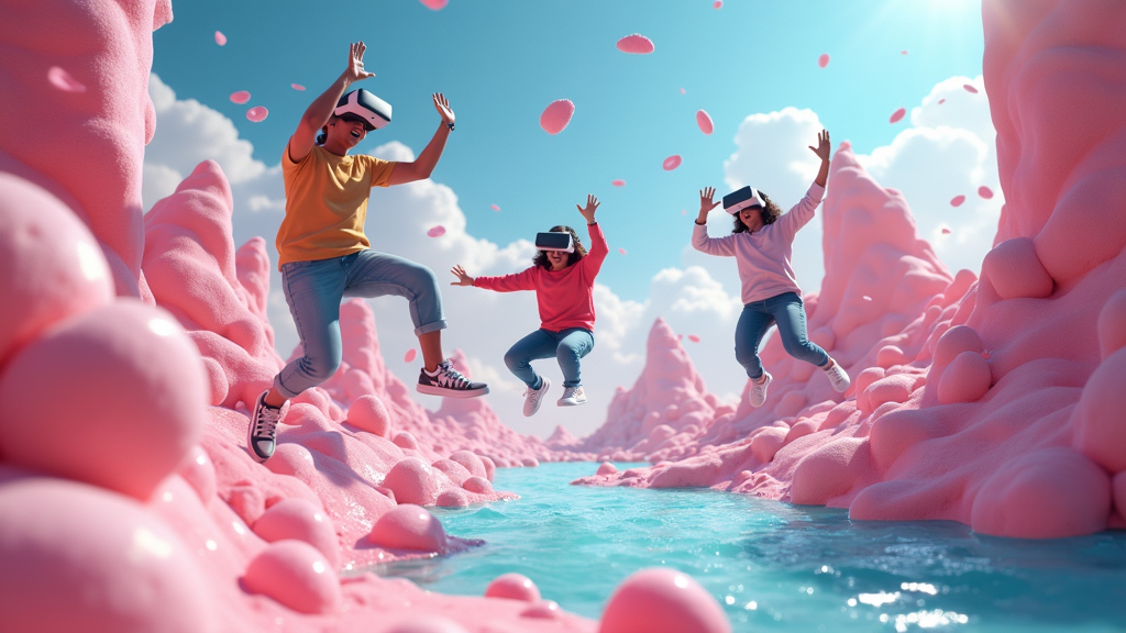 Grupo de amigos riendo mientras disfrutan de la experiencia Sweet Escape Barcelona realidad virtual en Virtua Barcelona.