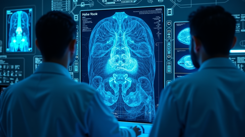 Ilustración de la IA Quibim para el diagnóstico de cáncer de próstata, analizando una resonancia magnética en busca de anomalías.