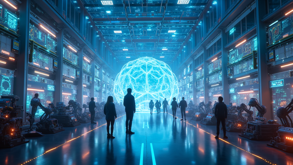 Ingeniero utilizando una tableta para interactuar con un gemelo digital de una fábrica, un pilar del Máster Informática Industrial y Robótica.