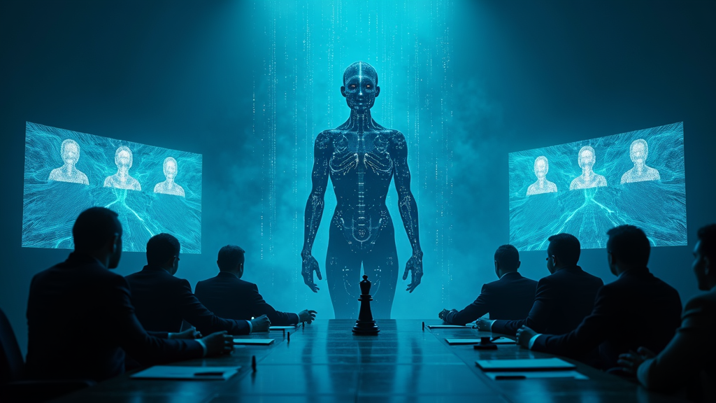 Un robot y un humano dándose la mano sobre un contrato, representando la colaboración o el conflicto en la IA en decisiones laborales éticas.