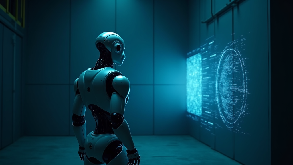 Un robot humanoide analiza datos en un entorno industrial, representando el futuro prometedor de la visión robótica mmNorm.