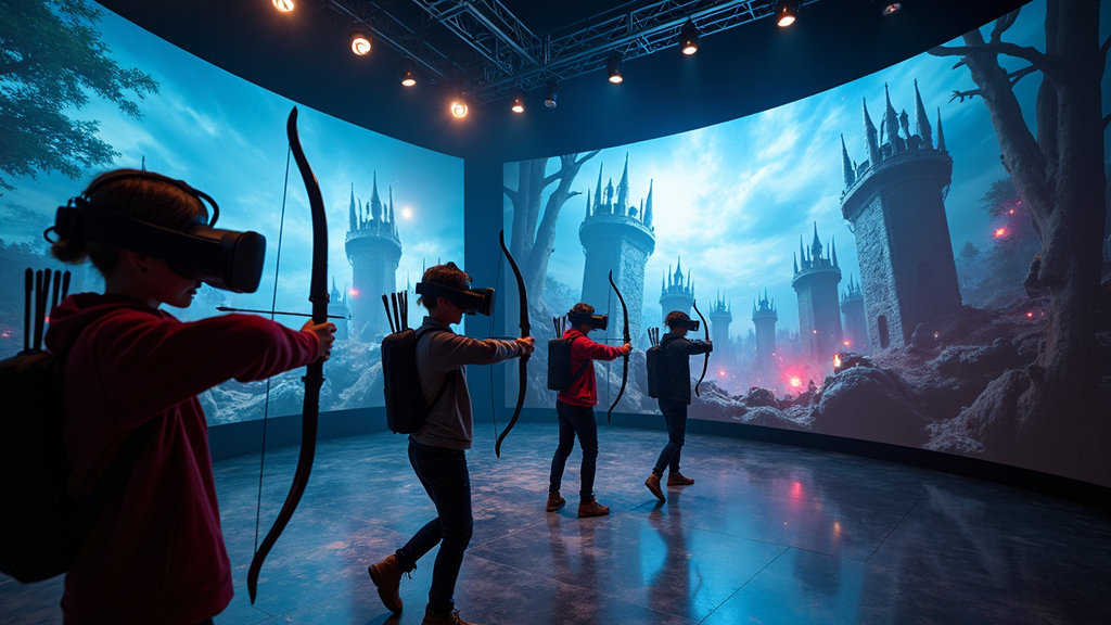 Equipo de empresa en una sesión de team building con el juego VR Archer en Virtua Barcelona.