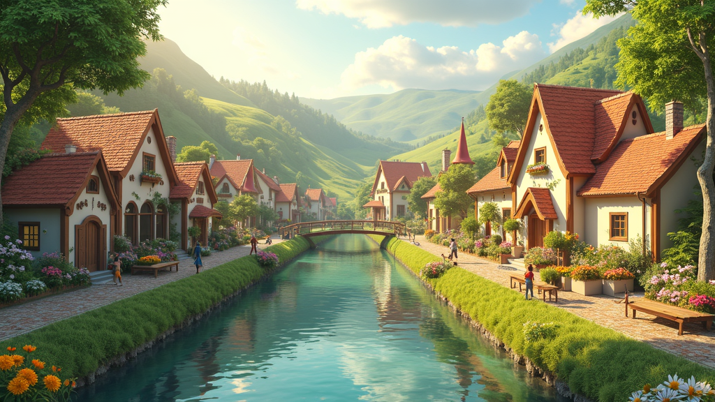 Vista de la ciudad de Wall Town Wonders con un personaje pingüino en primer plano, mostrando el estilo artístico del juego.