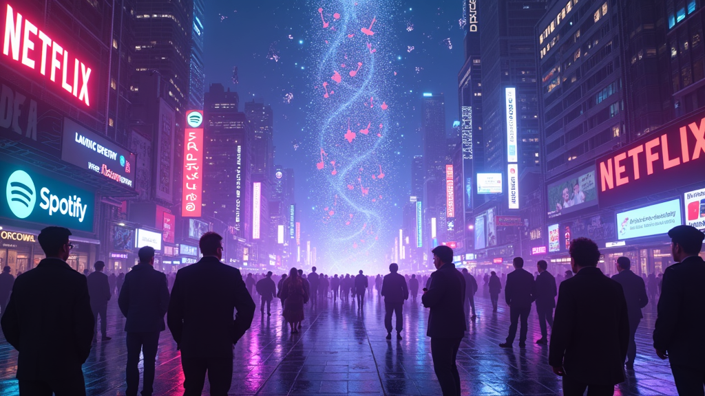 Representación visual del impacto de la IA en el entretenimiento digital, con redes neuronales transformando la creatividad.