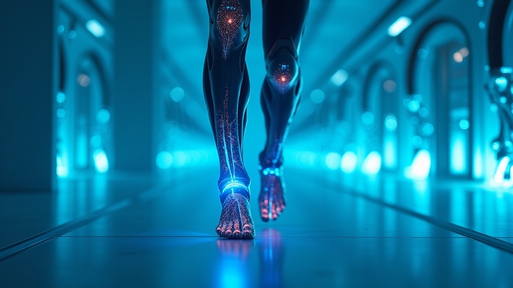 Ilustración conceptual de una prótesis biónica neuro-integrada conectada al sistema nervioso de una persona.