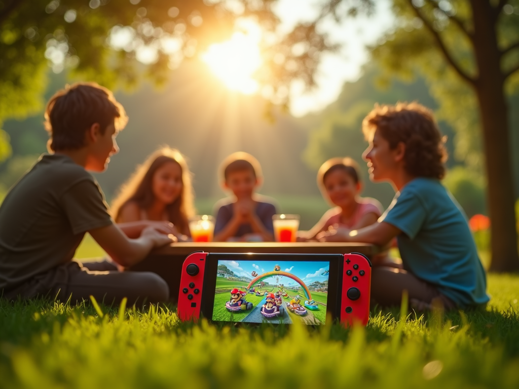 Familia sonriendo mientras juegan juntos a la Nintendo Switch 2 en el televisor