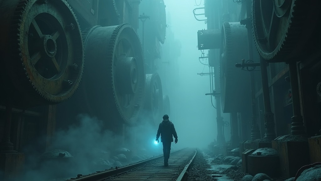 Jugador interactuando con una consola de puzzles en Firmament, demostrando la integración del gameplay y el diseño visual.