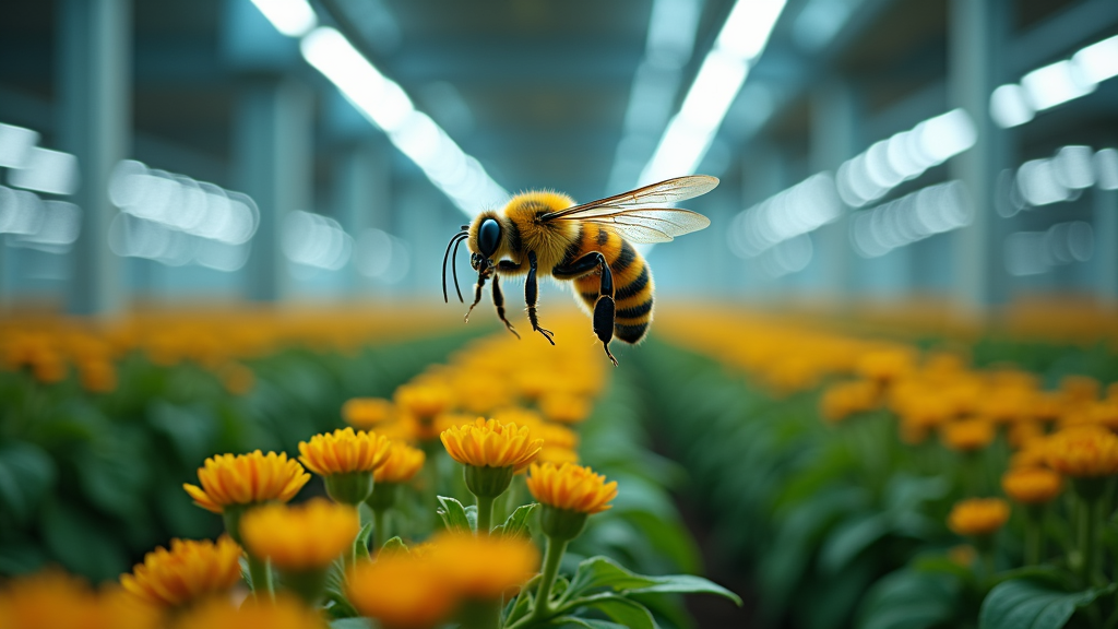 Ilustración detallada de la abeja robótica del MIT en pleno vuelo, mostrando su complejo diseño bioinspirado y actuadores.