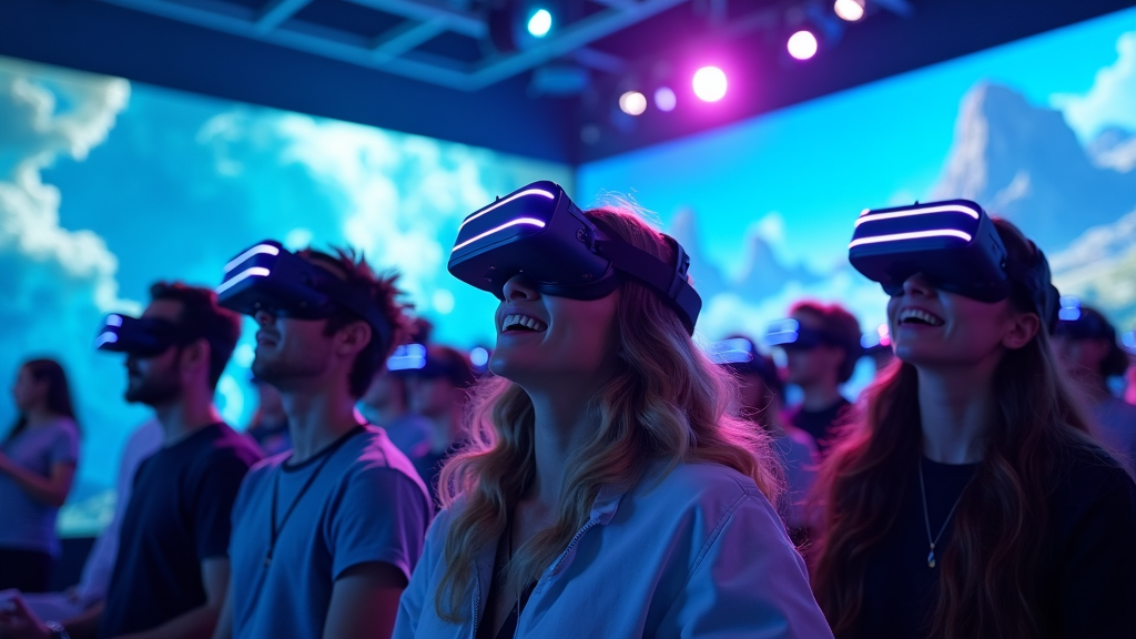 Grupo de amigos disfrutando de una experiencia de realidad virtual multijugador en Barcelona.