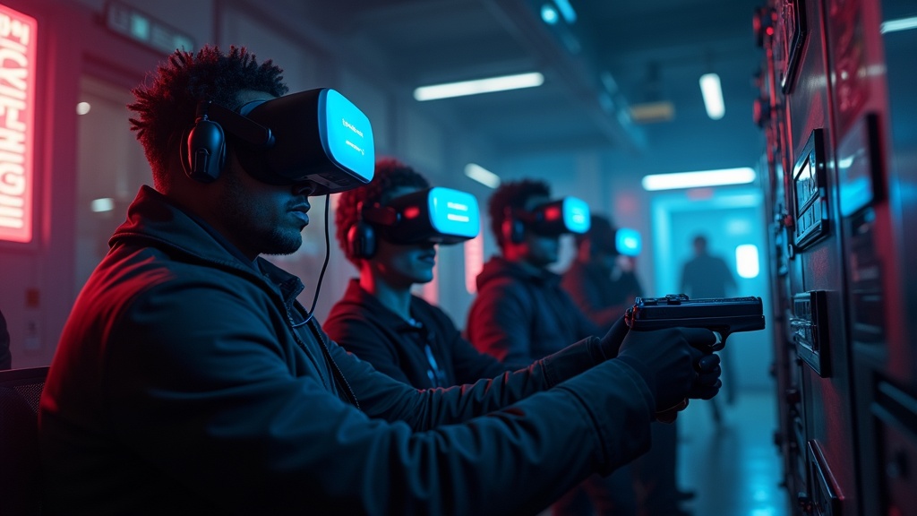 Equipo de compañeros de trabajo coordinándose en una sesión de team building con PAYDAY 2 VR Barcelona