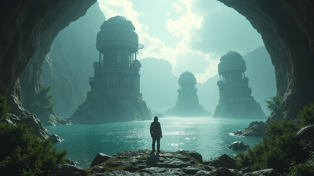 Análisis del entorno de la isla principal en Riven VR, mostrando la reconstrucción gráfica del juego.