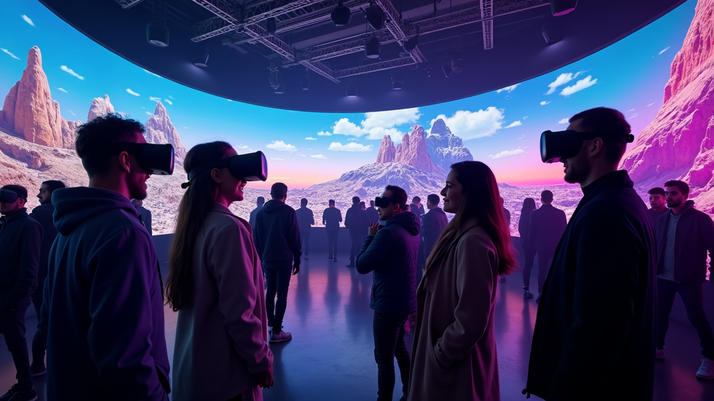 Grupo de amigos disfrutando de las experiencias de realidad virtual multijugador en Barcelona, en Virtua.