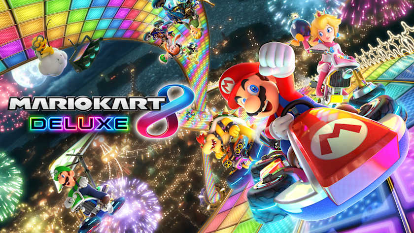 Grupo de amigos y familiares jugando y riendo con Mario Kart 8 Deluxe en una Nintendo Switch