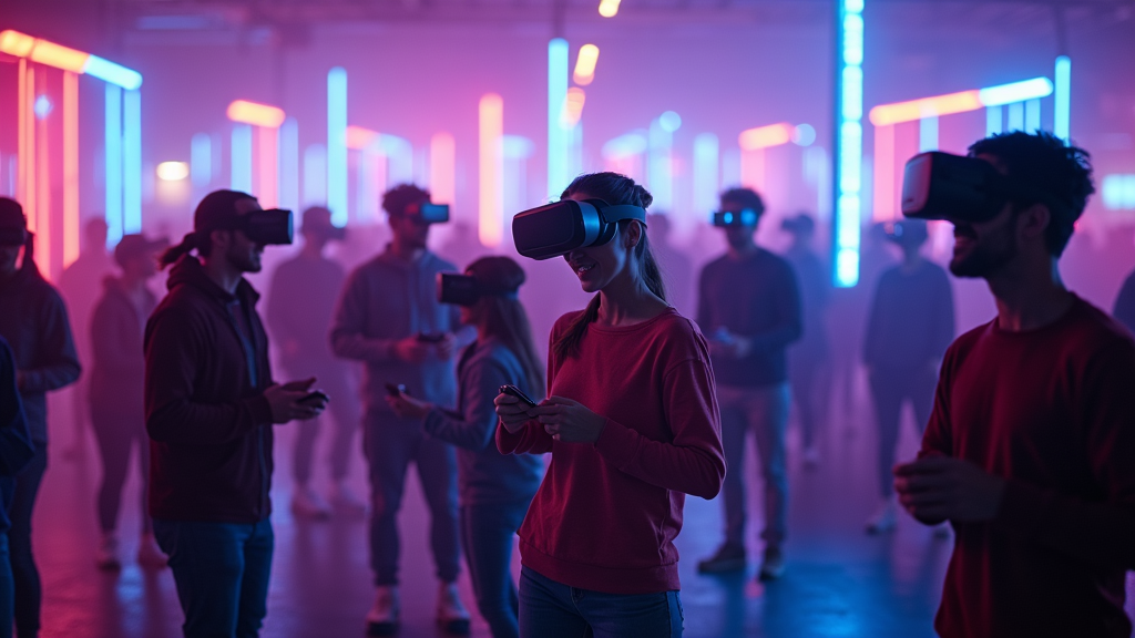 Grupo de amigos riendo mientras disfrutan de una experiencia de realidad virtual multijugador en las instalaciones de Virtua Barcelona.