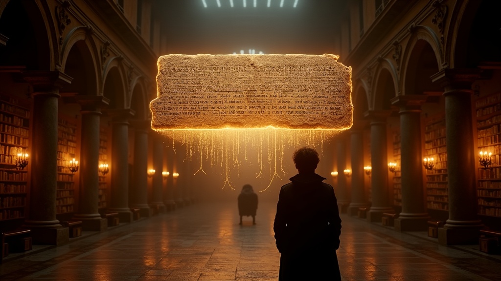 Ilustración conceptual de una red neuronal procesando textos antiguos, simbolizando la tecnología de la IA Aeneas para la reconstrucción de textos.