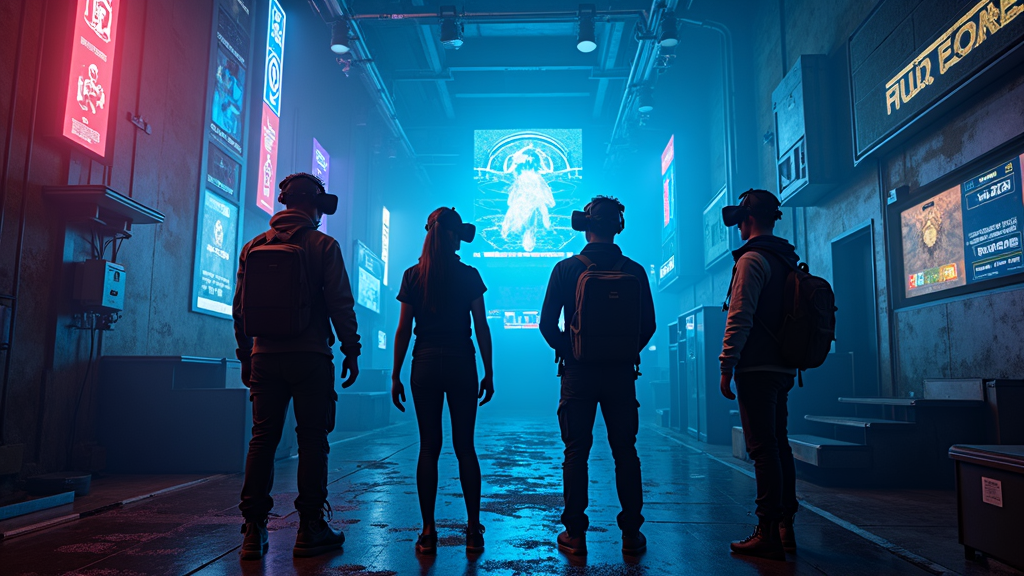 Escenario interior del escape room VR Huxley, mostrando un entorno futurista con neones y tecnología avanzada.