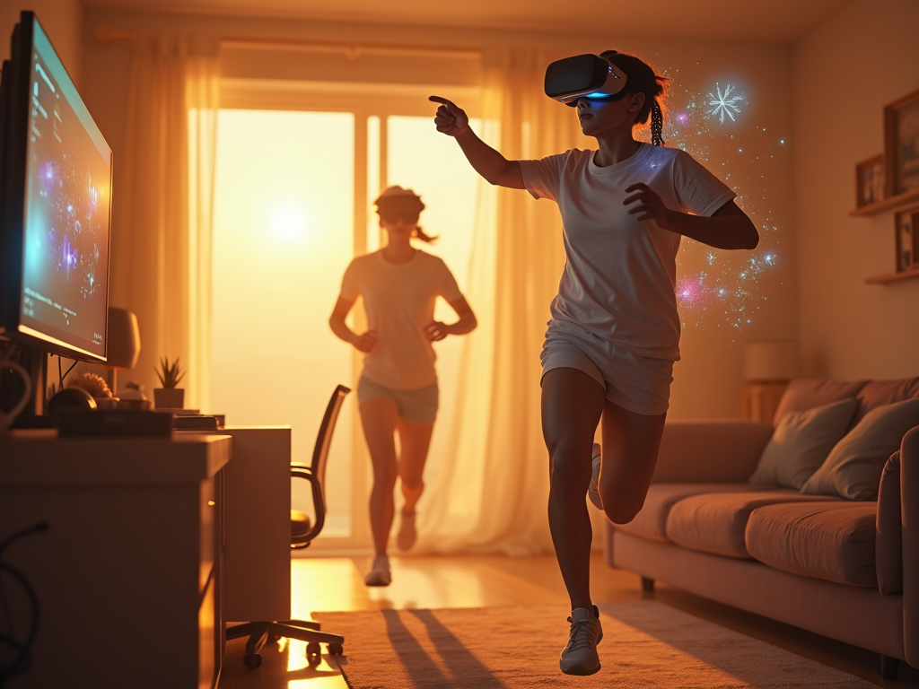 Usuario de Meta Quest 3 utilizando la interfaz facial abierta para interactuar con una aplicación de realidad mixta.