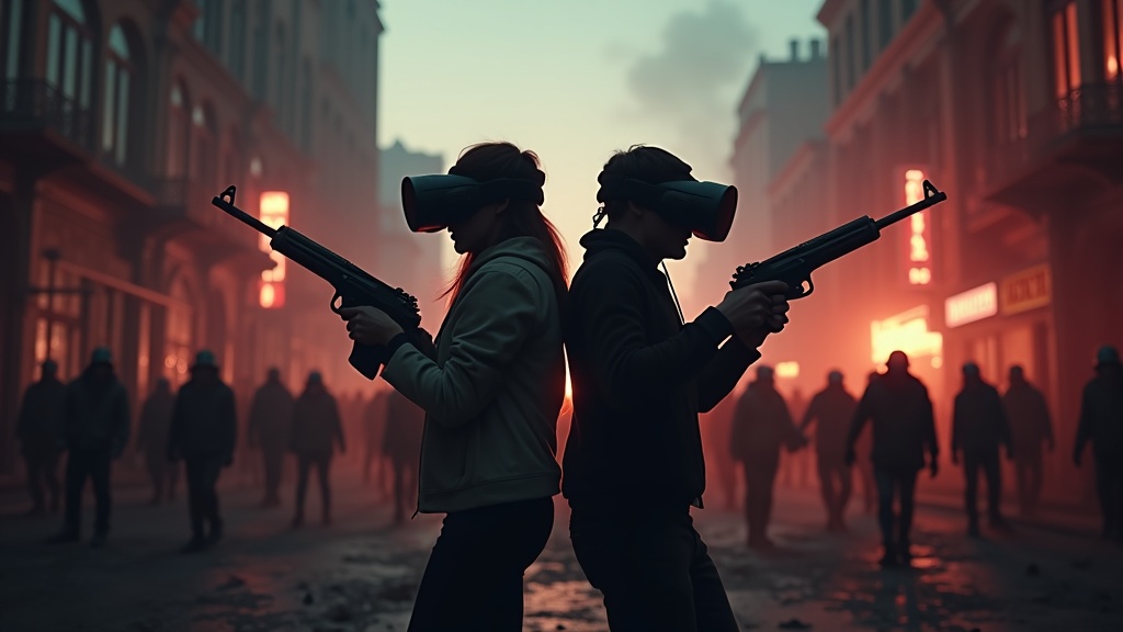 Dos amigos cooperando y reaccionando con emoción durante una partida del juego de zombies en realidad virtual Propagation VR